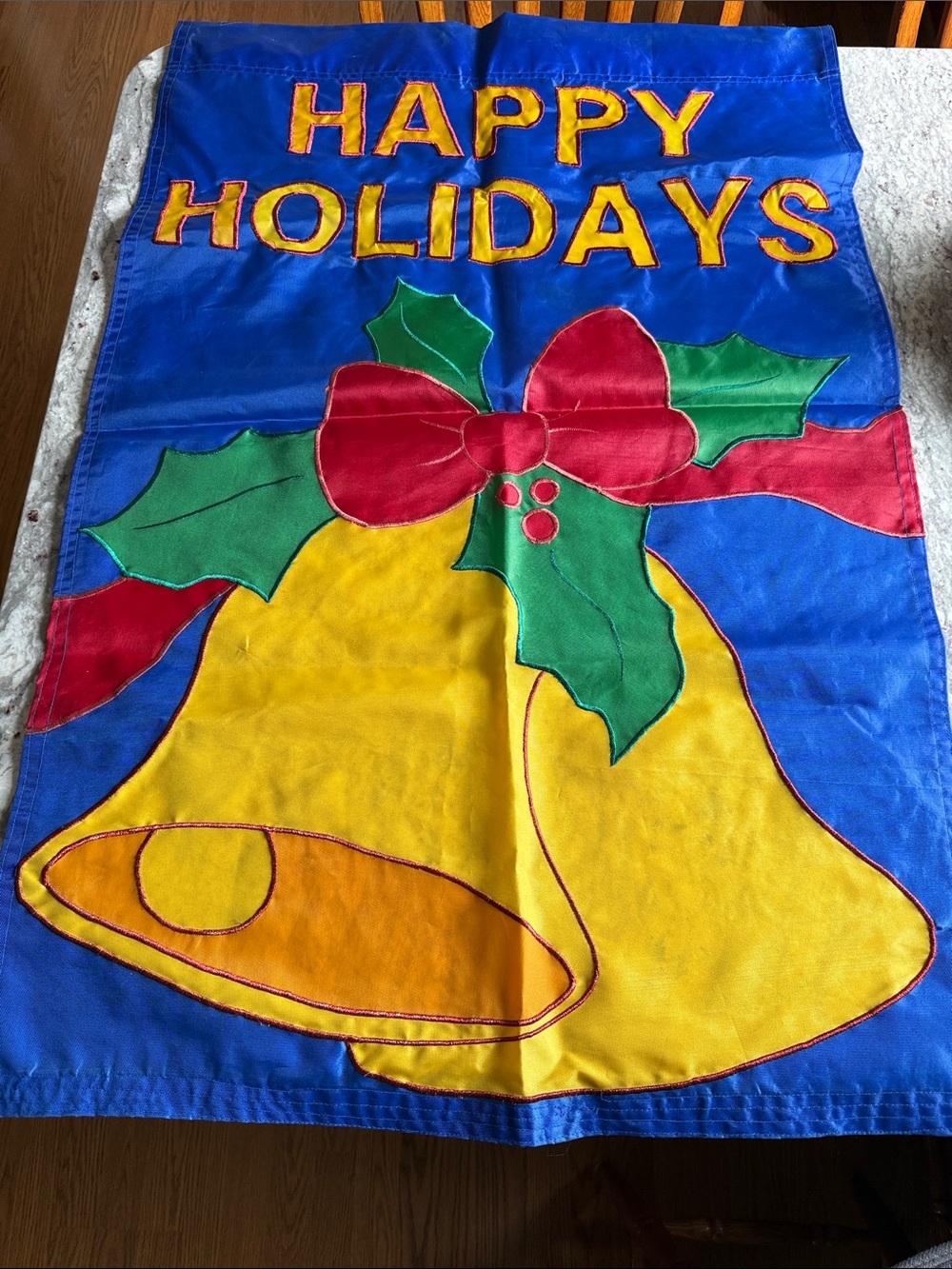 Vintage Appliquéd Happy Holidays House Flag With Bow and Bells